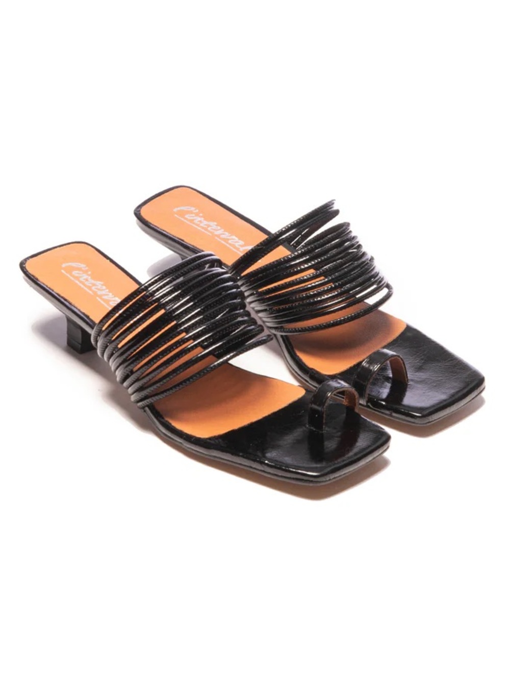 L’intrevalle Daquiri Black Leather Strappy Kitten Heel Sandals